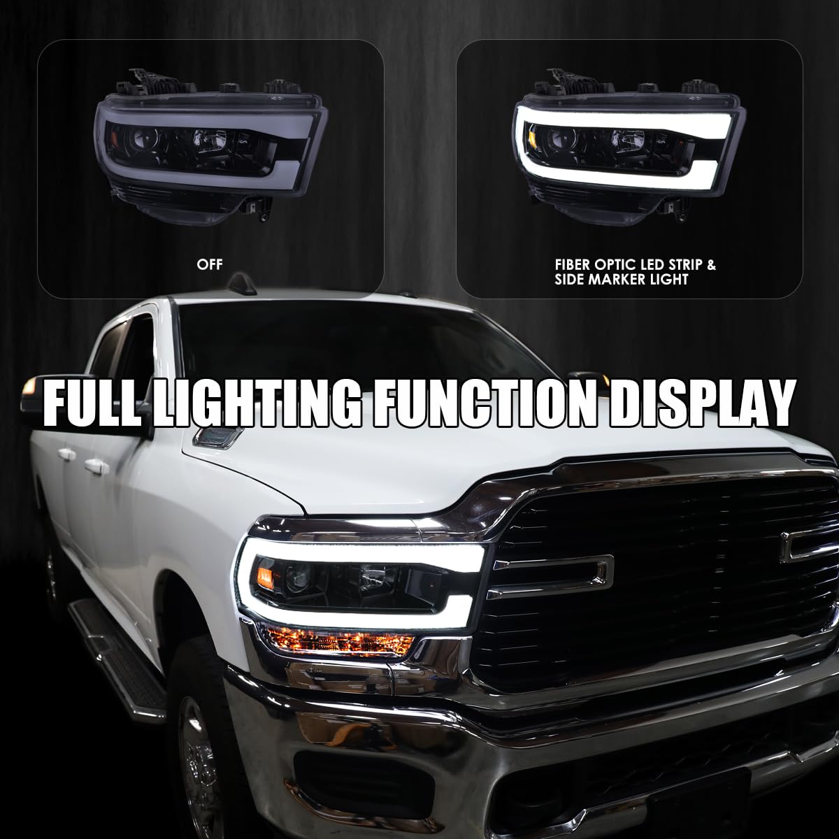 Glossy Black Smoke SPEC-D TUNING Projector Headlights w/LED Bar Compatible with 2019-2024 Dodge Ram 2500, 3500, 4500, Left + Right Pair Headlamps Assembly