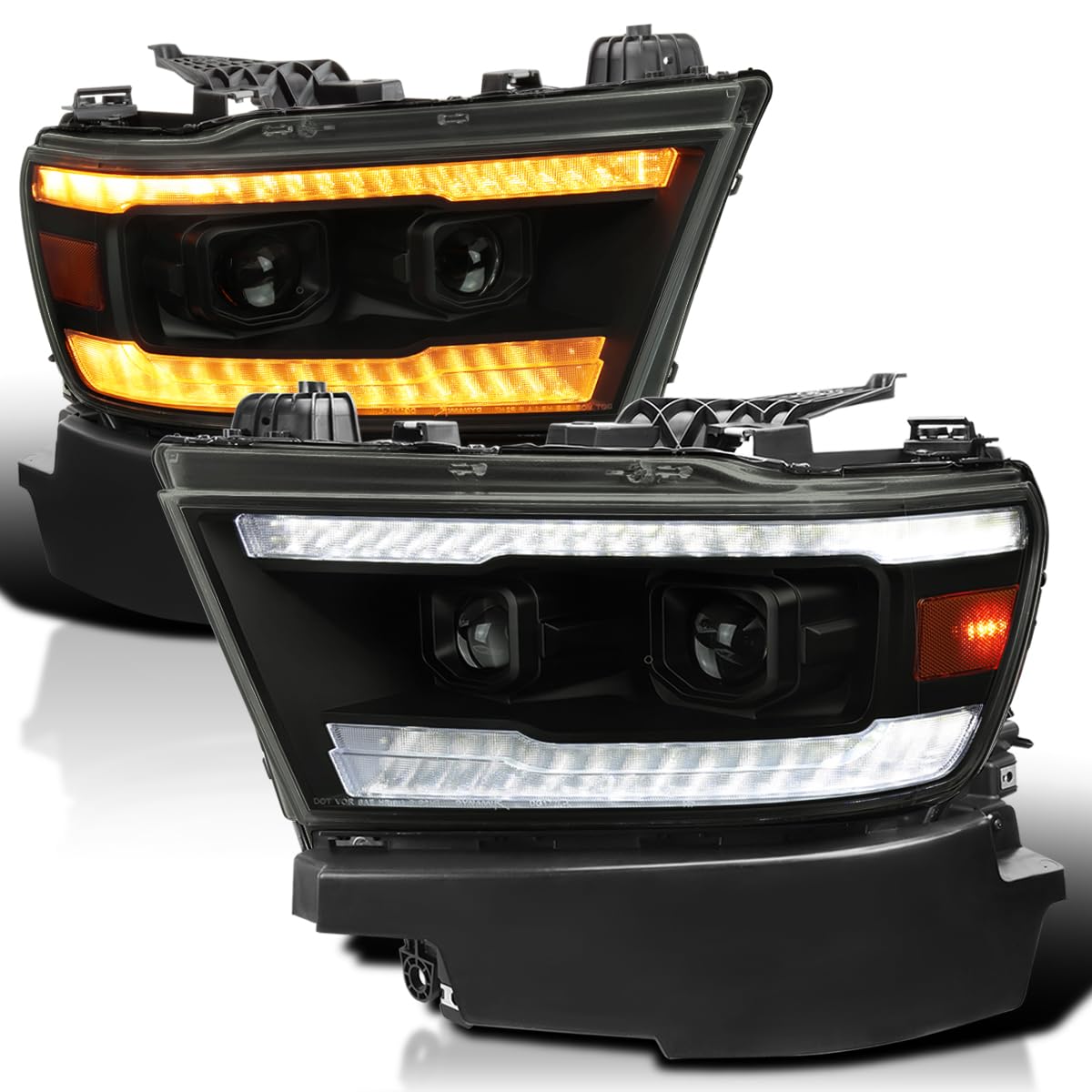 Black Smoke SPEC-D TUNING Projector Headlights w/Sequential LED Tube Signal and Startup Animation Compatible with 2019-2024 Ram 1500, Left + Right Pair Headlamps Assembly