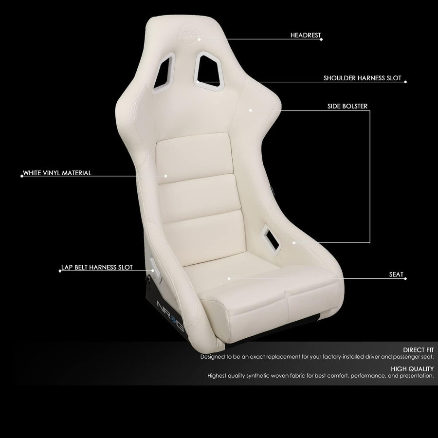 NRG Innovations Universal Vinyl Fixed Back Bucket Racing Seat FRP-302WT-V with Bottom Mount Bracket(Large), White Seat Cover, 21"W X 18" D X 36" H