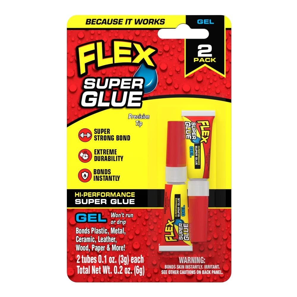 Flex Gel Super Glue, (2) 3 Gram Tubes, 1-Pack, Clear, Instant Bond, Quick Dry, Cyanoacrylate Adhesive, Precision Tip for Wood, Metal, Plastic, Crafts, Ceramic, and Toy Repairs