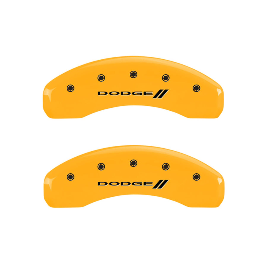 Caliper Covers MGP 12088SDD3YL Yellow (Set of 4, Engraved Front and Rear: With stripes/Dodge, Yellow powder coat finish, black characters)