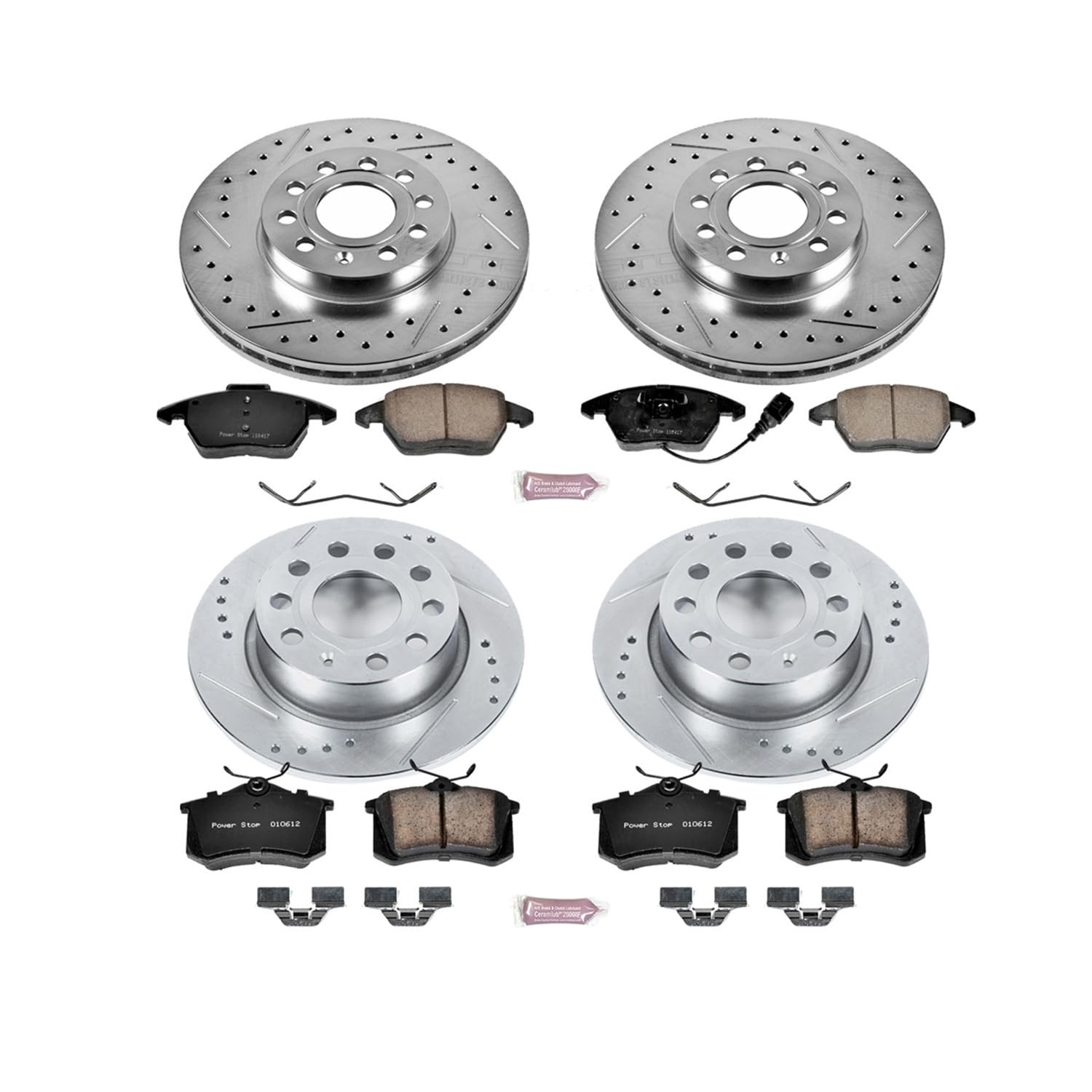Front and Rear Brake Kit PowerStop For Audi A3 2010-13 |Volkswagen Beetle 2013-19 |Jetta 2012-18 - Drilled and Slotted Disc Rotors with Ceramic Brake Pads Replacement, K5749