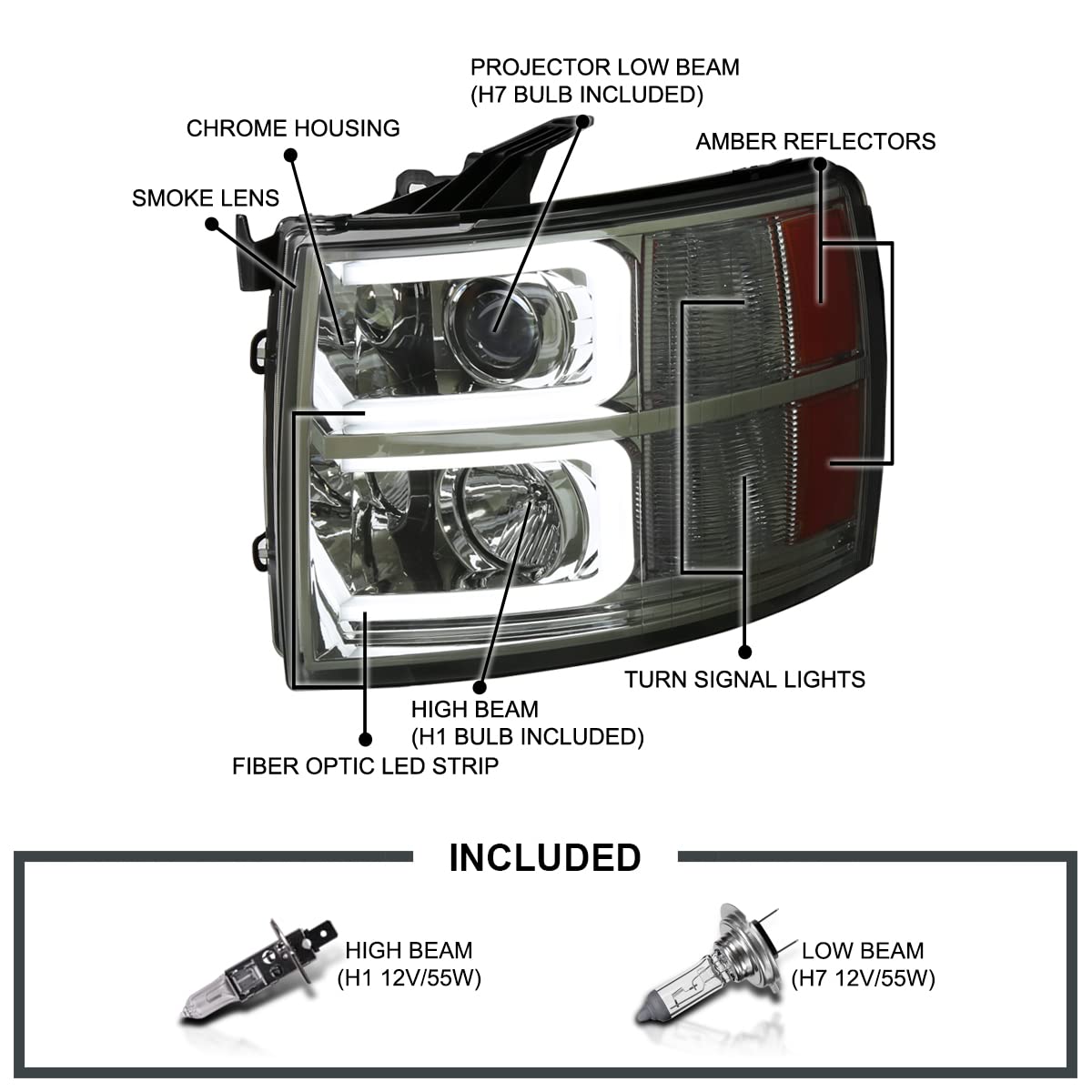 Spec-D Tuning Projector Headlights LED Light Bar Smoke Lens Compatible with 2007-2013 Chevy Silverado 1500, 2007-2014 Chevy Silverado 2500HD / 3500HD, Left + Right Pair Headlamps Assembly