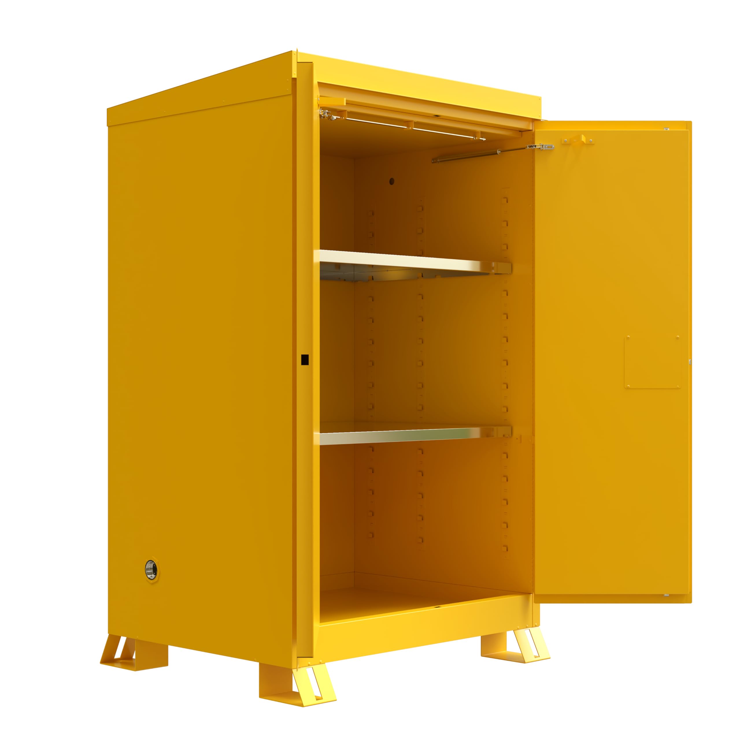 Justrite Outdoor Reinforced Steel Flammable Liquid Storage Cabinet, 2 Shelves with 350 lb. Capacity, 2 Self-Close Door Fire Cabinet, 90 Gallon, 72" x 43" x 38", Yellow, 819020