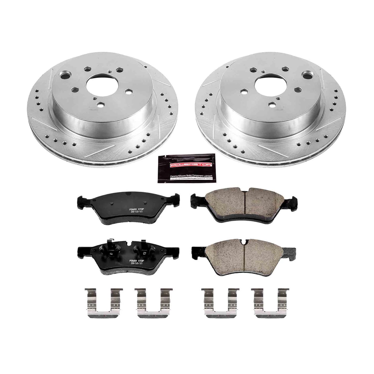 Power Stop K6978 Z23 Carbon Fiber Brake Pads Rear with Drilled & Slotted Brake Rotors Kit For Subaru Forester 2014-2018 [Model Specific]