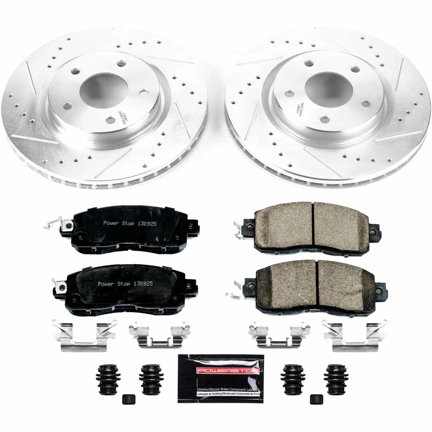 Power Stop K7215 Z23 Carbon Fiber Brake Pads with Drilled & Slotted Brake Rotors Kit For Nissan LEAF 2014-2017 [Model Specific]