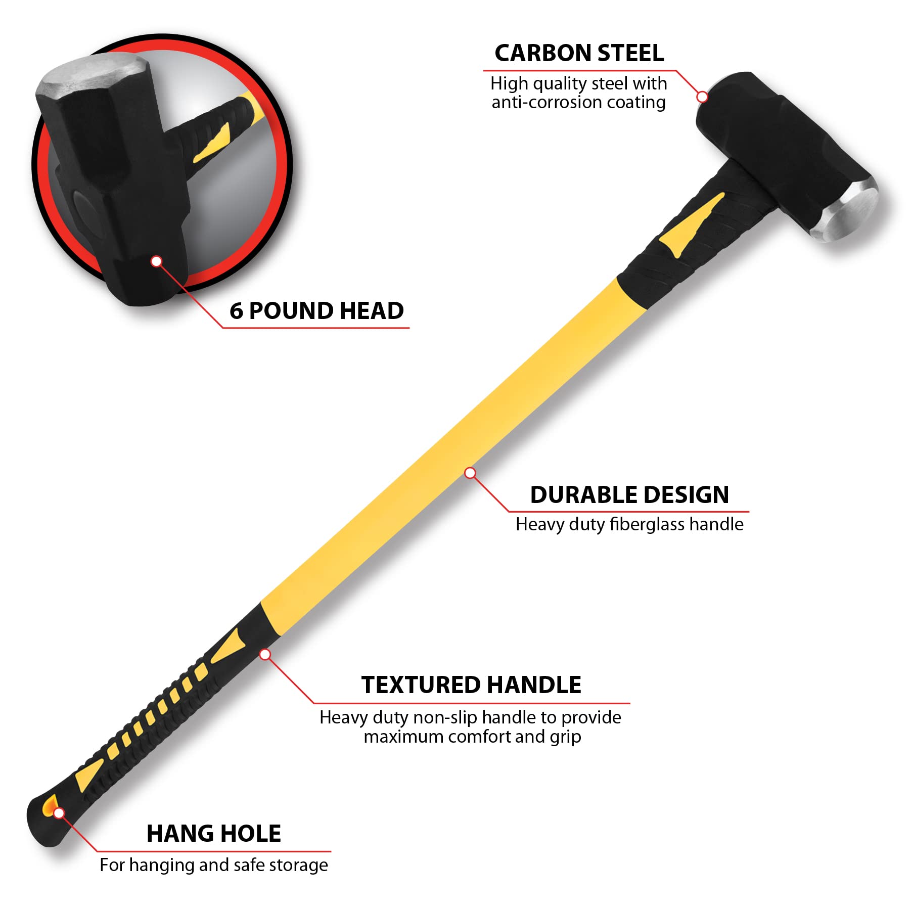 M7102 Performance Tool 6-Pound Sledge Hammer With Fiberglass Handle