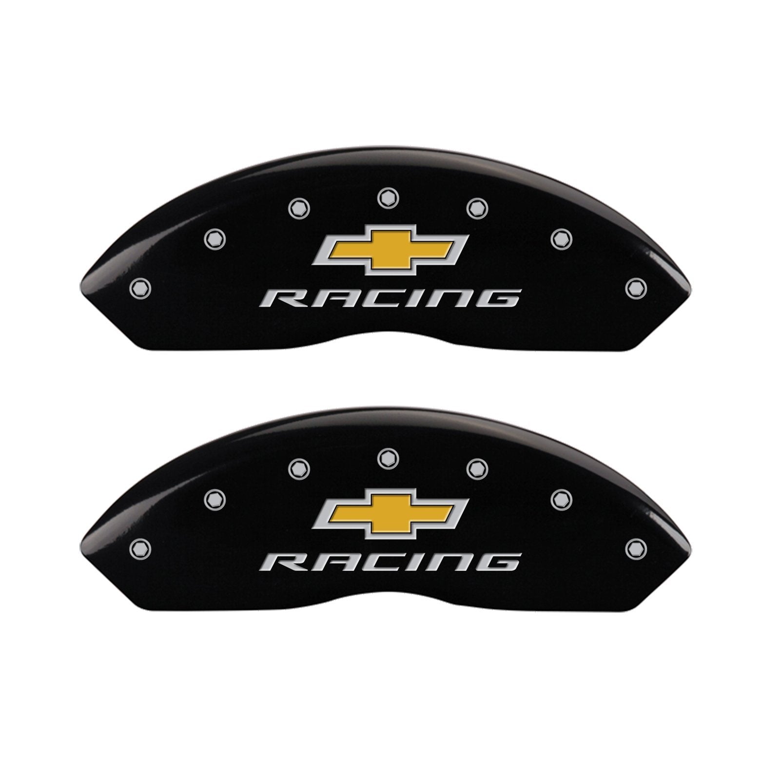 MGP Caliper Covers Front and Rear 13007SBRCBK Black Powder Coat Finish, Set of 4 (Chevy racing Silver Characters, Engraved)