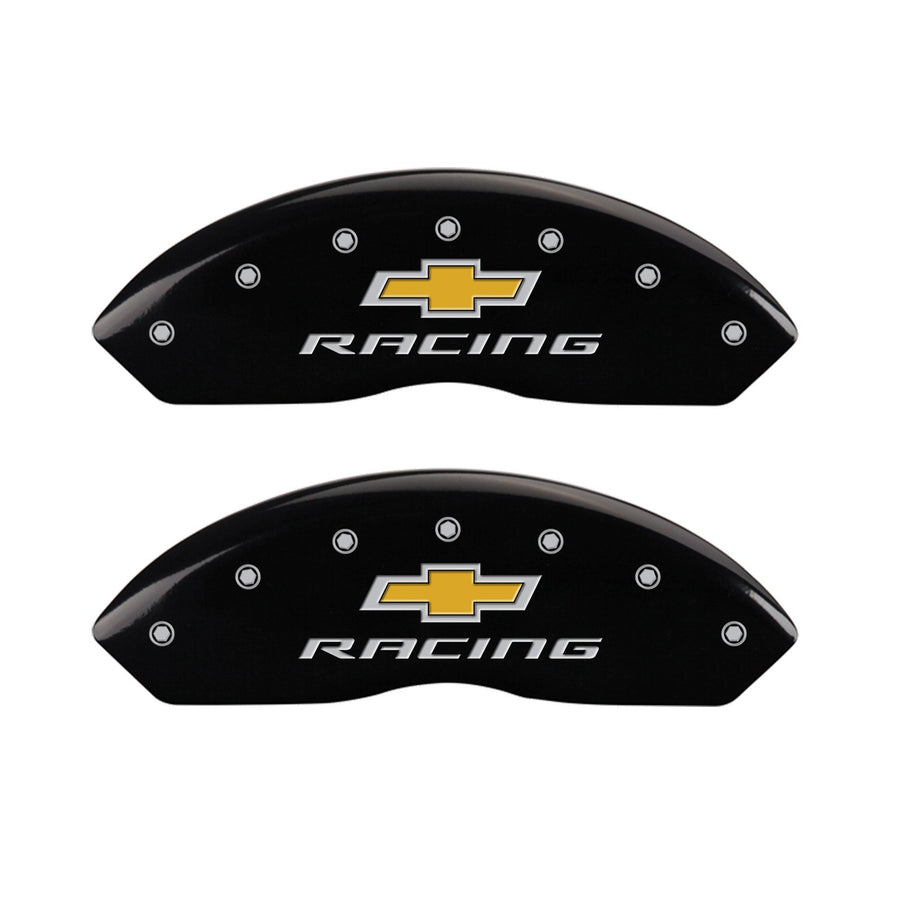 MGP Caliper Covers Front and Rear 13007SBRCBK Black Powder Coat Finish, Set of 4 (Chevy racing Silver Characters, Engraved)