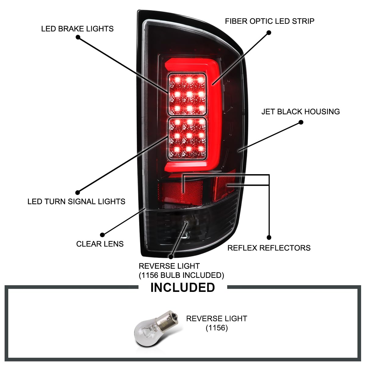 Jet Black LED Bar Tail Lights SPEC-D TUNING Compatible with 2002-2006 Dodge Ram 1500/2500/3500, Left + Right Pair Assembly
