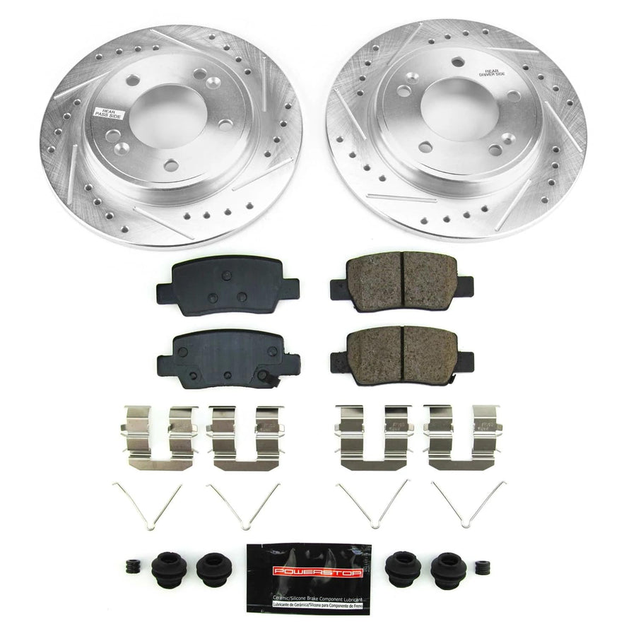 POWERSTOP Z23 Carbon-Fiber Ceramic Brake Pads and Drilled and Slotted Rotors Brake Kit Rear For Hyundai Elantra 2021-2023 [Vehicle Specific]