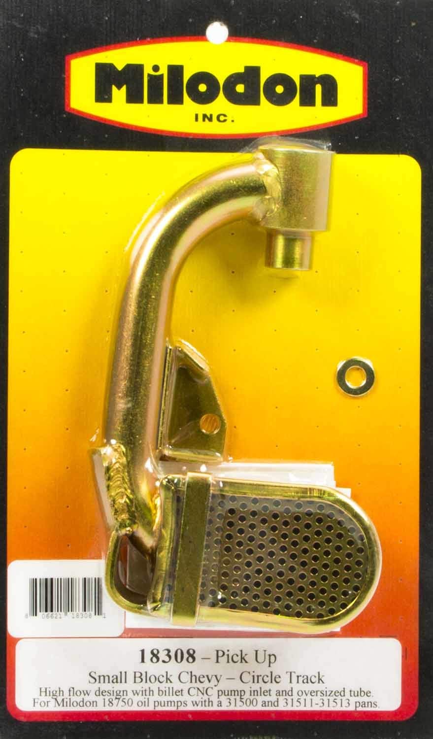 Milodon Oil Pump Pickup, Press/Bolt-On, Oval Track, Small Block Chevy, 7-5/8 in Deep Pan, Each