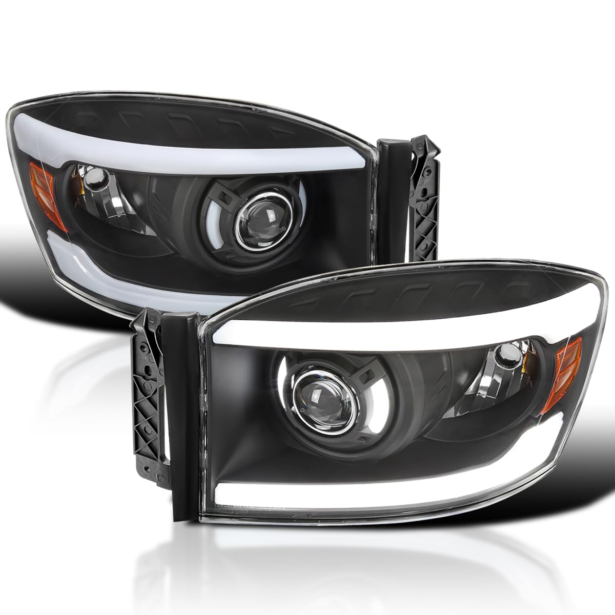 Black LED Tube Projector Headlights SPEC-D TUNING Compatible with 2006-2008 Dodge Ram 1500 2500 3500, Left + Right Pair Headlamps Assembly