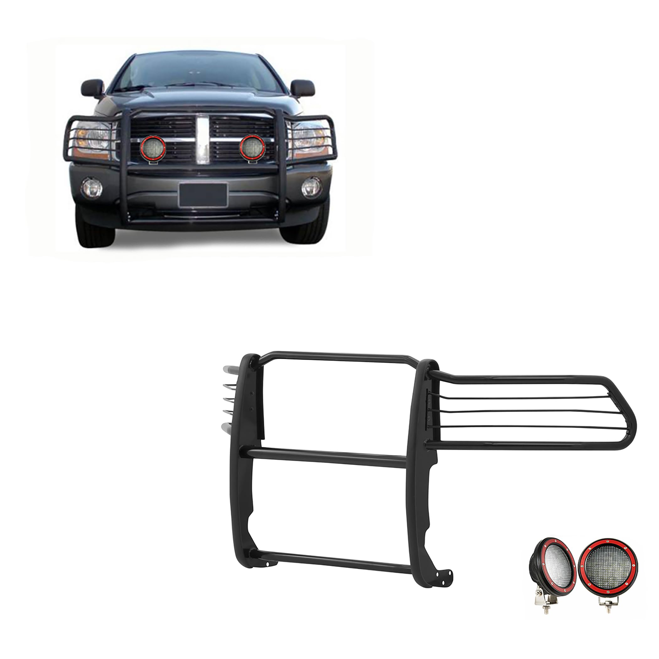 Grille Brush Black Horse Bumper Guard Modular Come with Pair of 5.3" LED Lights with Red Trim Rings Compatible with 1994-2001 Dodge Ram 1500|1994-2002 Dodge Ram 2500/3500-17DG100MA-PLFR