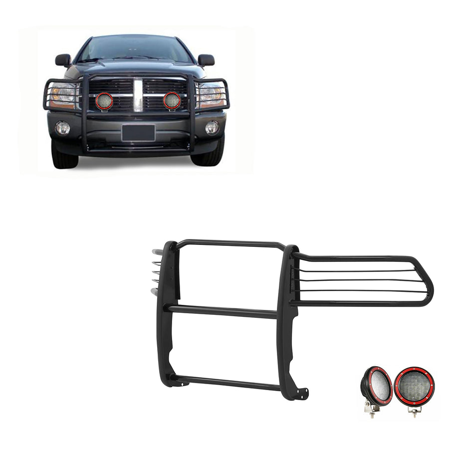 Grille Brush Black Horse Bumper Guard Modular Come with Pair of 5.3" LED Lights with Red Trim Rings Compatible with 1994-2001 Dodge Ram 1500|1994-2002 Dodge Ram 2500/3500-17DG100MA-PLFR