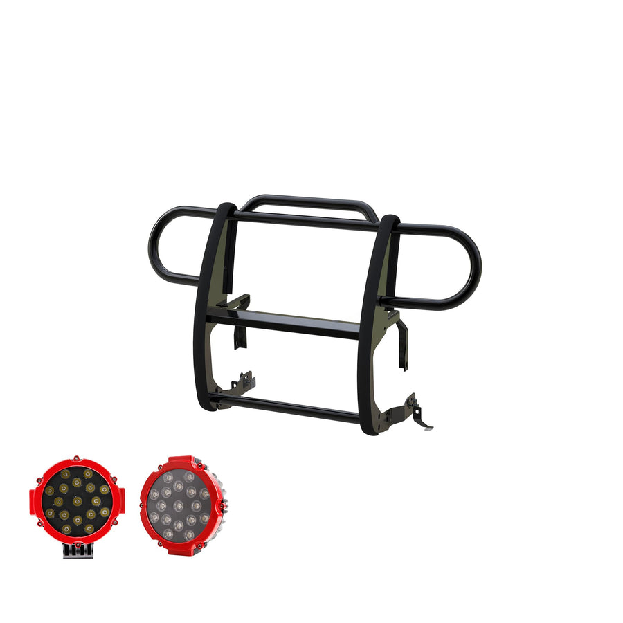 Bumper Guard Modular Black Black Horse Grille brush Come With pair of 7.0"Dia.LED Lights with Red Trim Rings Compatible with 2020-2024 Jeep Gladiator|2018-2024 Jeep Wrangler-17JPJLMA-PLR