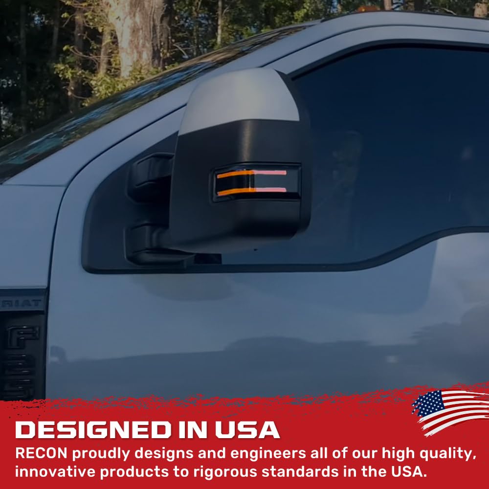 RECON - Smoked Side Mirror Lenses Fits Ford 17-22 Super Duty (F250, F350, F450) with LED White Running Lights, Spotlight, Scanning Amber Turn Signals - Smoked Lens