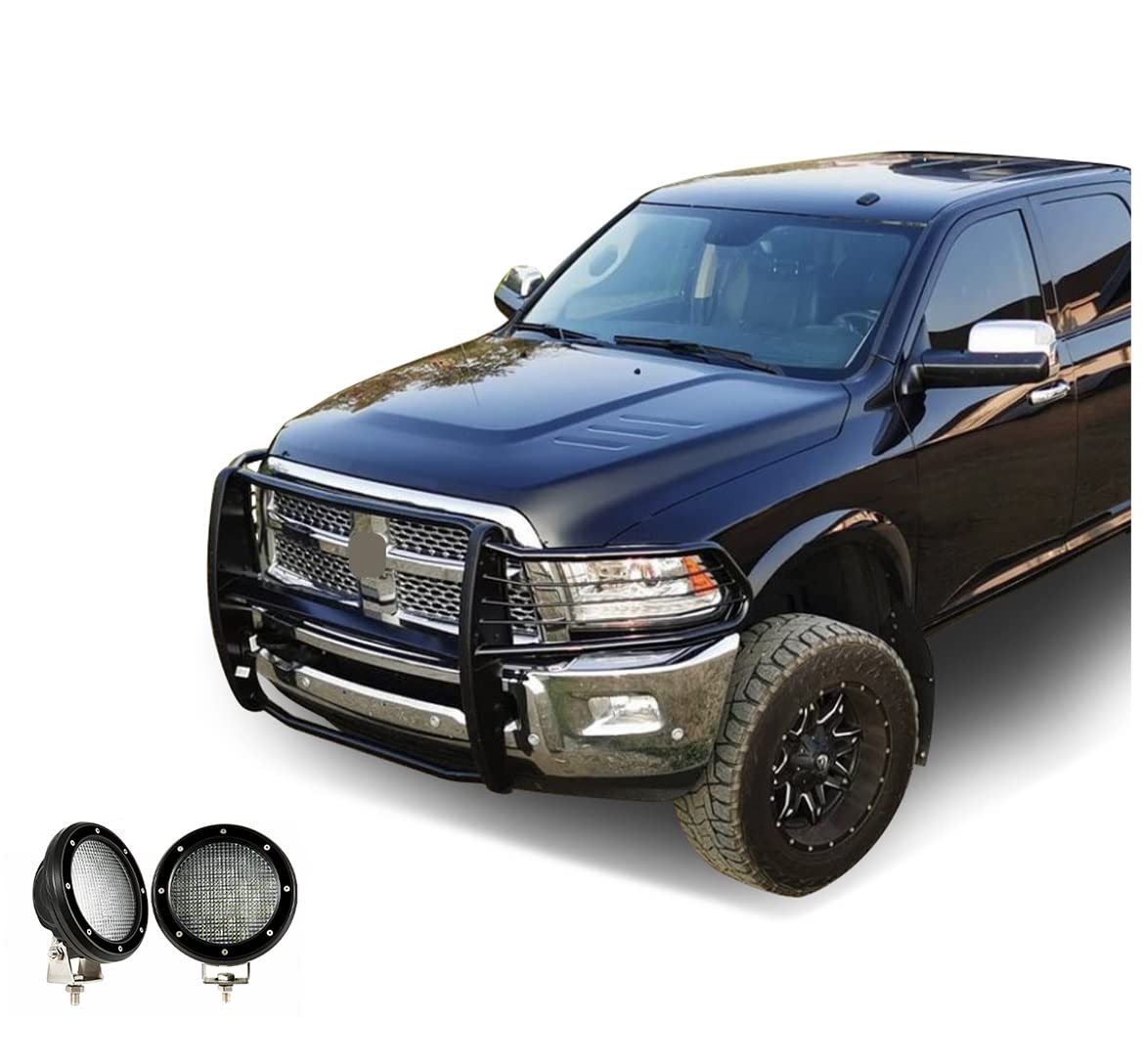 Bumper Guard Modular Black Horse Grille brush Come with Pair of 5.3" Dia.LED Lights with Black Trim Rings Compatible with 2010-2018 Ram 2500|2011-2018 Ram 3500-17DR01MA-PLFB