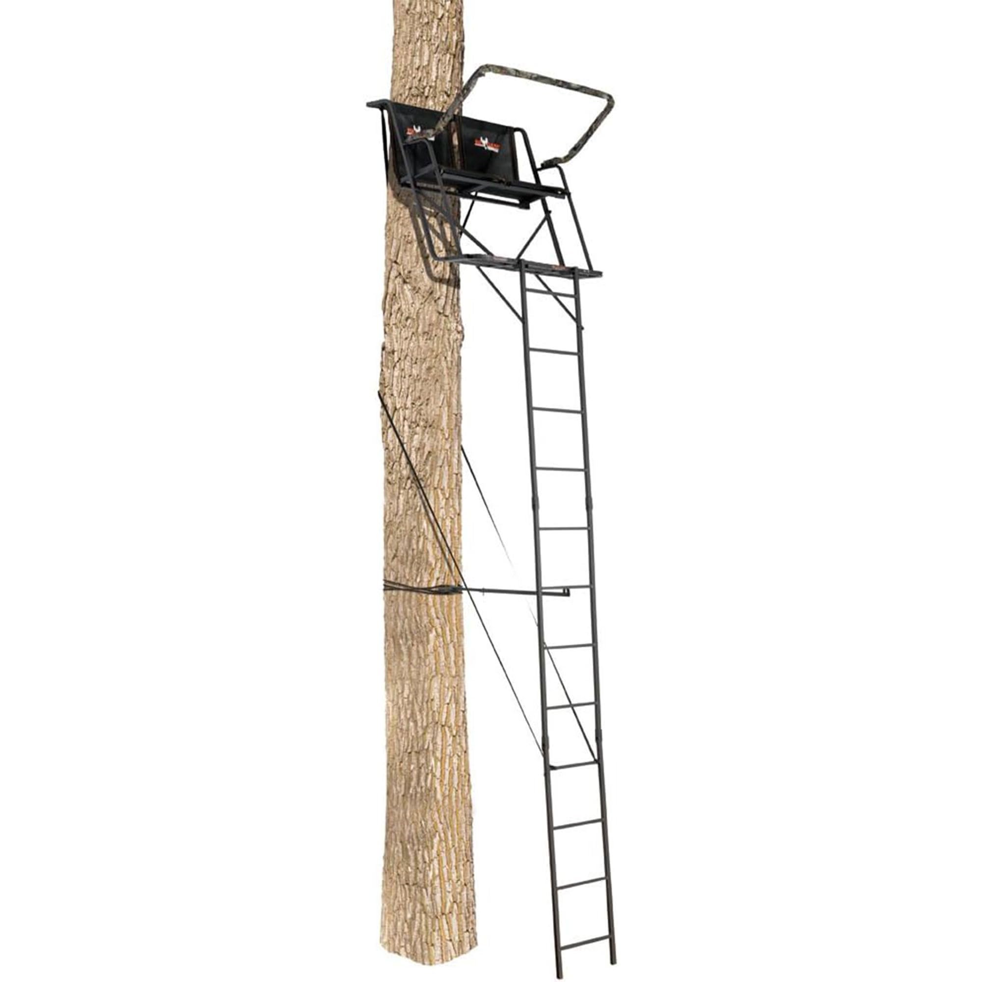 2-Person BIG GAME Ladder Tree Stand for Hunting Deer with Seat, 16' Tall, Camo/Black - Adjustable Climbing Treestand with Platform and Safety Harness for Shooting