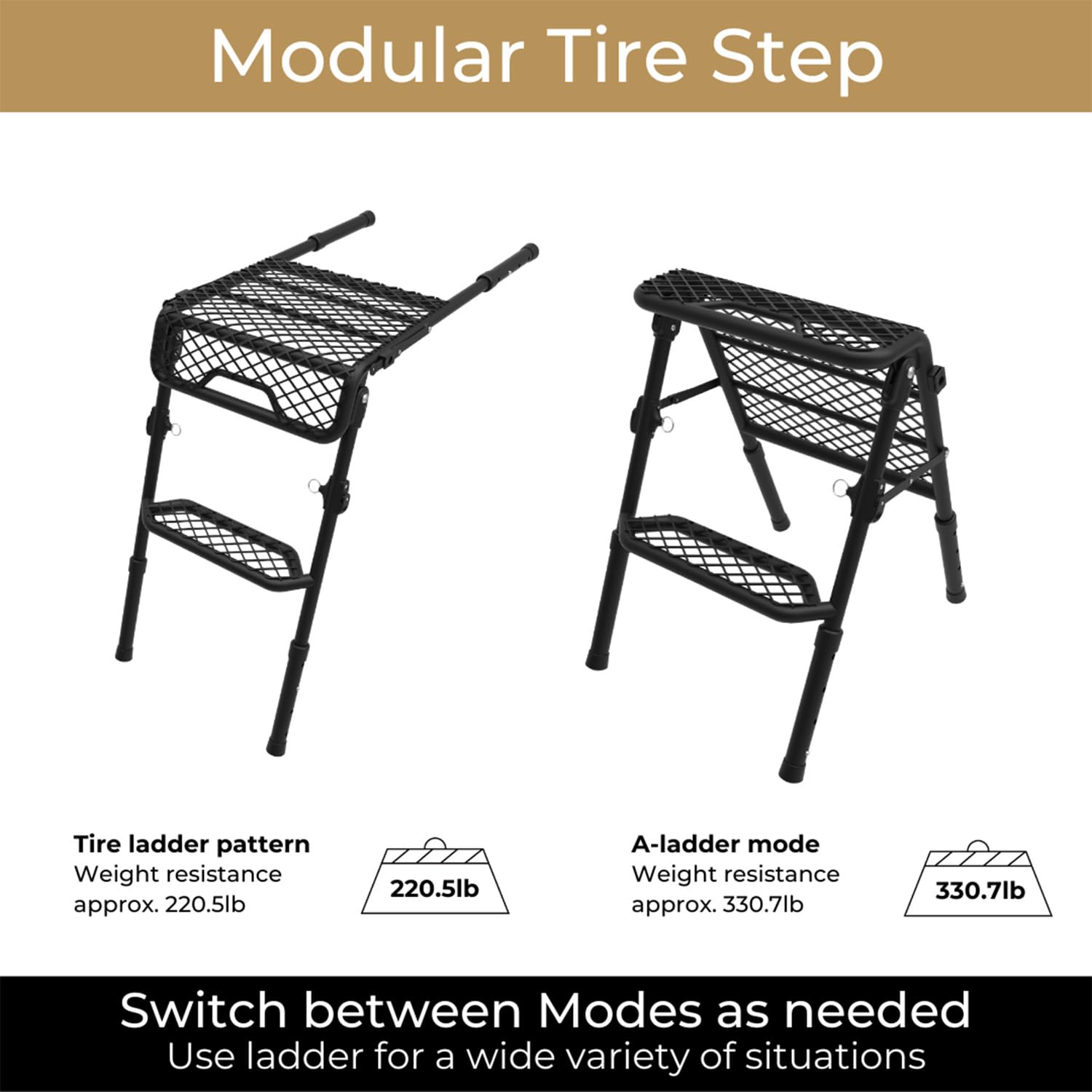 3D MAXpider Tire Step Modular - 3 Modes (Tire Ladder/A-Ladder/Folding), Portable & Adjustable Height for Up to 30" Tires - Carbon Steel, Sand