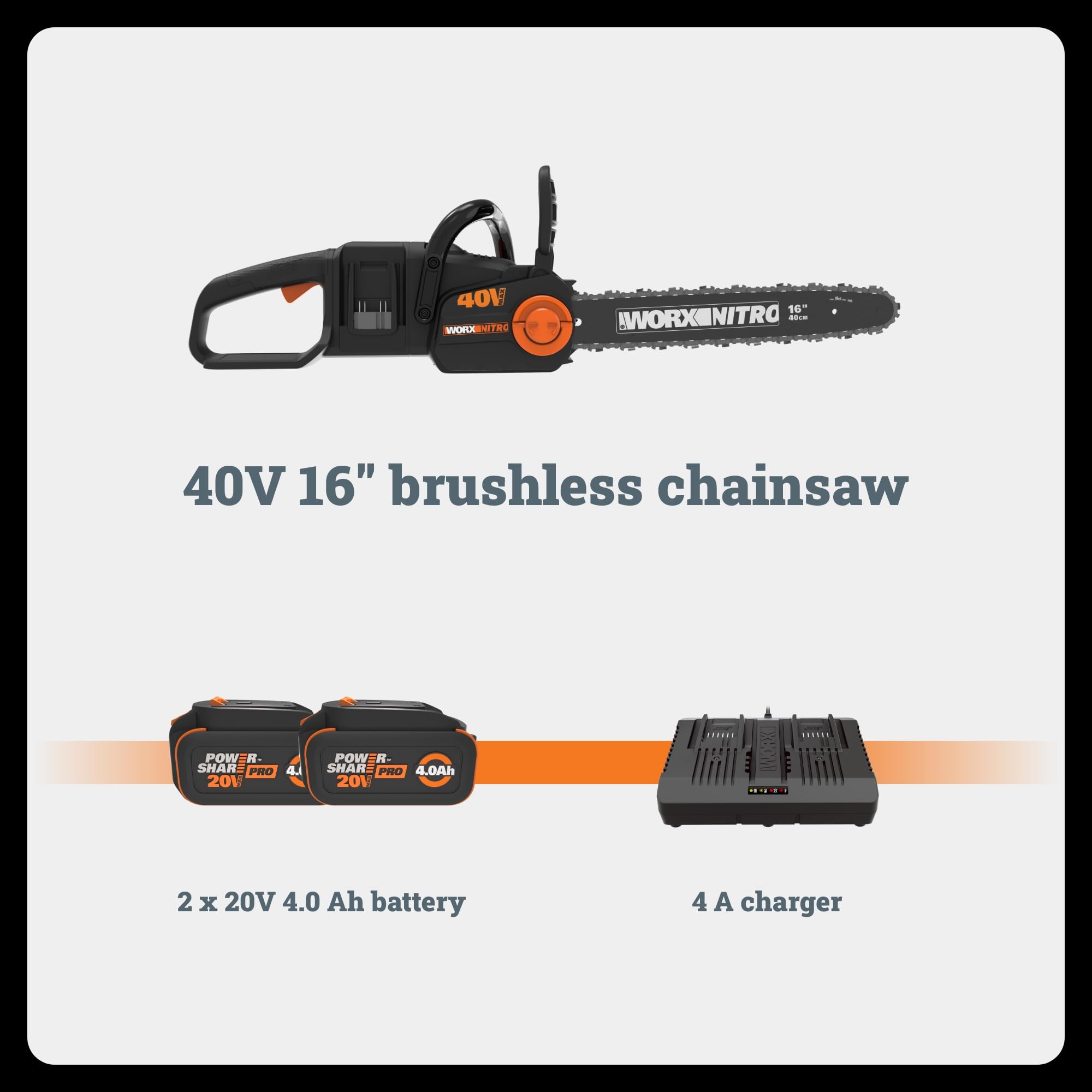 40V Worx Nitro 16" Cordless Brushless Chainsaw 4.0 Ah Battery and Charger Included WG385