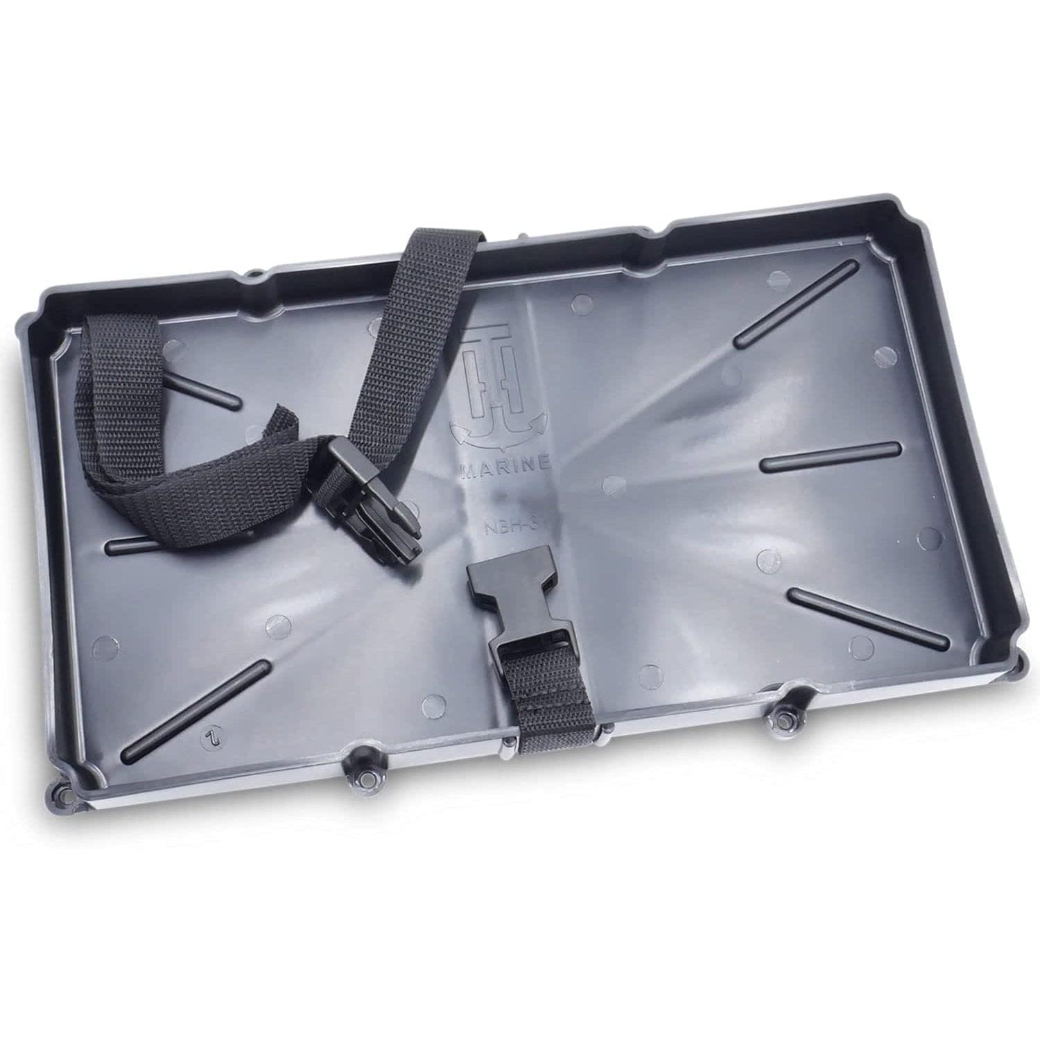 Narrow Battery Tray Holder T-H Marine with Poly Strap – Space Saving NMMA Certified Battery Tray with Recessed Mounting Wells for Marine, RV, and Trolling Motor Installations – Group 24, 10-5/8" x 7"