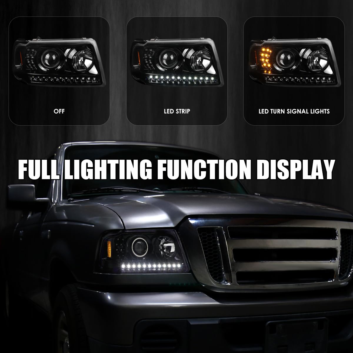 Jet Black SPEC-D TUNING Projector Headlights w/LED Strip and LED Turn Signal Compatible with 2001-2011 Ford Ranger, Left + Right Pair Headlamps Assembly