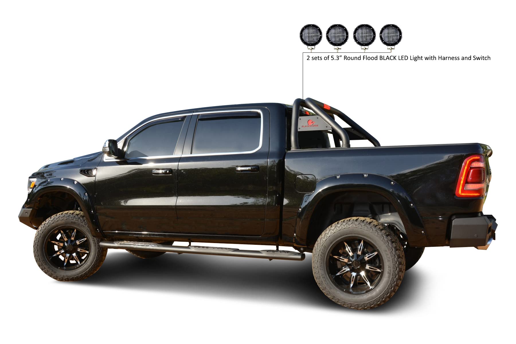Classic Black Horse Roll Bar Incl. Set of 5.3" Dia.LED Lights w/Black Trim Rings Compatible with 2005-2021 Nissan Frontier-RB-NIFRB-PLFB