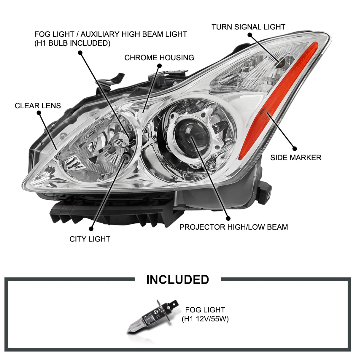 Chrome Projector Headlights SPEC-D TUNING w/Integrated Fog Lights Compatible with 2008-2015 Infiniti G37, Q60 2DR Coupe, Left + Right Pair Headlamp Assembly