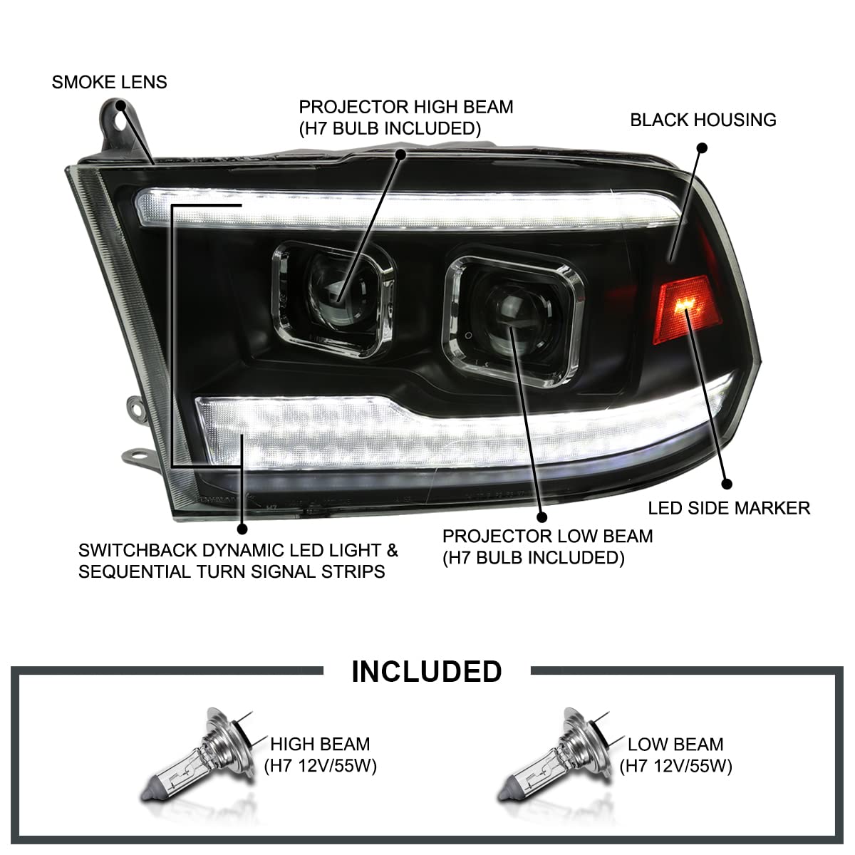 Black Smoke SPEC-D TUNING Projector Headlights w/Sequential Switchback LED Signal and Startup Animation Compatible with 2009-2018 Dodge Ram, 2019 Ram Classic, Left + Right Pair Headlamps Assembly