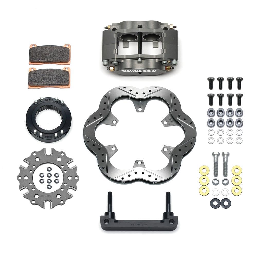 Wilwood Brake System, Rear Billet Narrow Dynalite, 10.5 in Drilled/Slotted/Scalloped Steel Rotor, 3.5 in x 38 Spline Car Hat, Aluminum, Gray Anodized, Kit