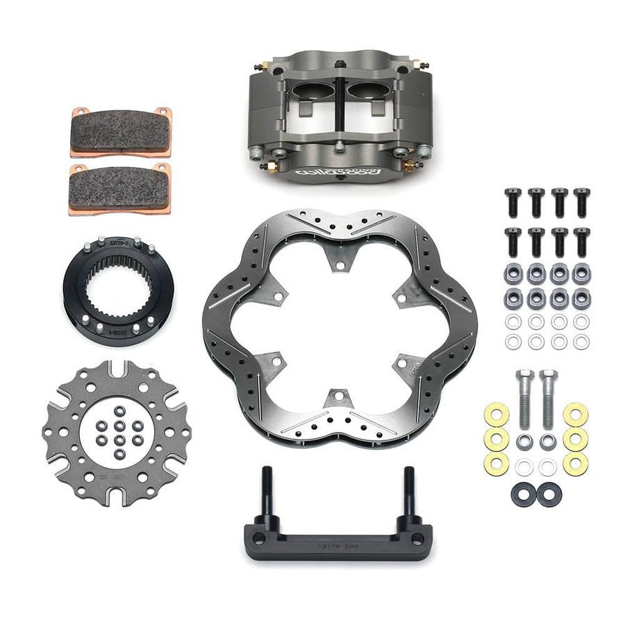 Wilwood Brake System, Rear Billet Narrow Dynalite, 10.5 in Drilled/Slotted/Scalloped Steel Rotor, 3.5 in x 38 Spline Car Hat, Aluminum, Gray Anodized, Kit