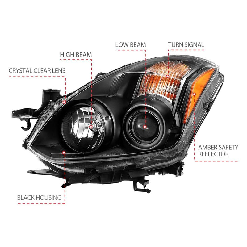 Black ANZO Compatible Replacement Projector Headlight (Halogen Type) for Nissan Altima 2010-2013