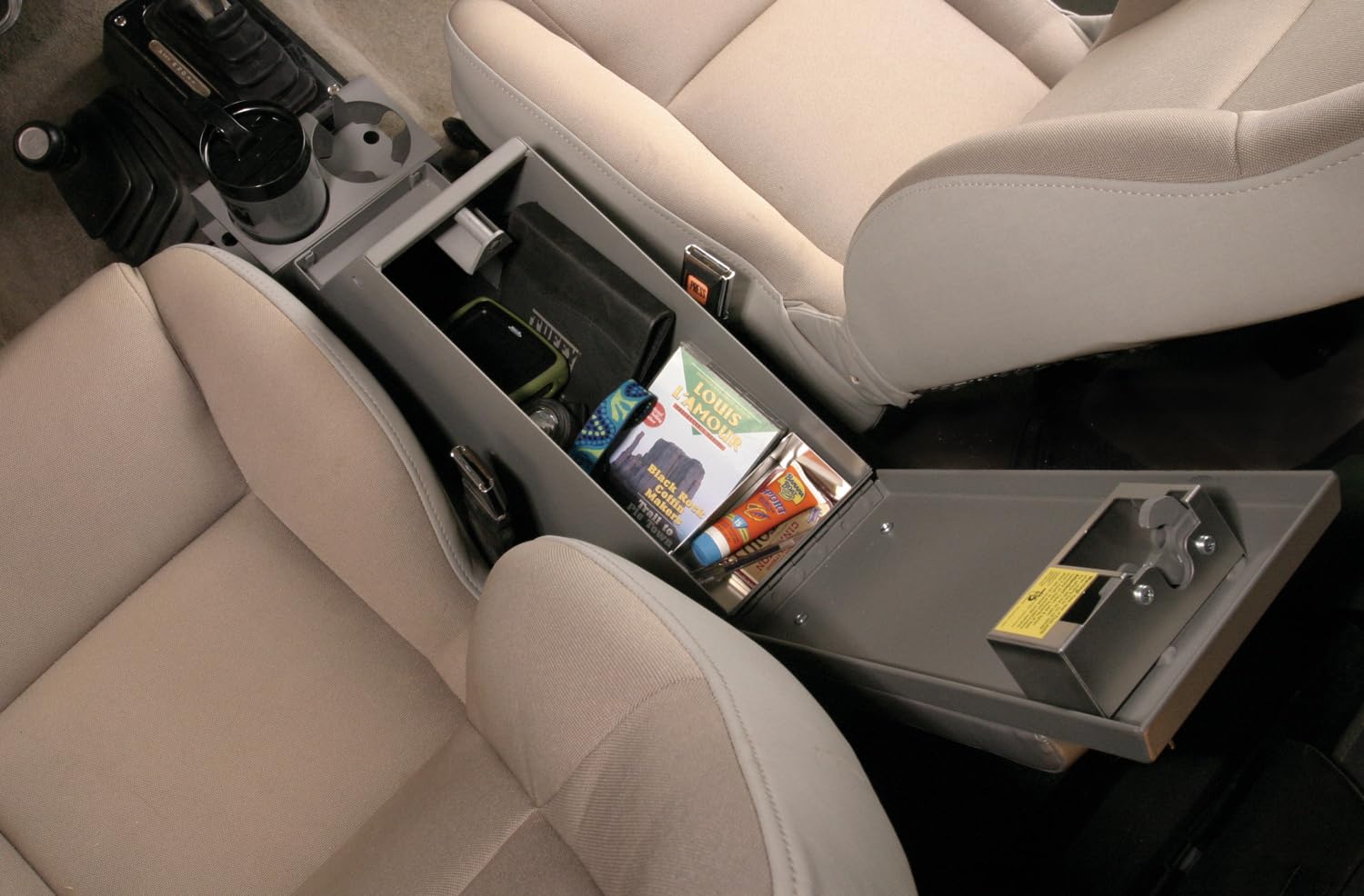 Center Console Universal Locking 6.5" – Steel Vehicle Storage Box with Armrest, Drink Holders, and Organizer Tray – Secure Console Insert for Trucks, SUVs, and Cars