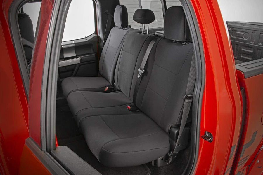 Rough Country Rear Seat Covers Neoprene for Ford F-150 (2015-25)/F-150 Lightning (2022-24)/Super Duty (2017-25) w/No Rear Fold-Down Arm Rest - Waterproof & UV Resistant, Foam Padded, Rear Seat Set
