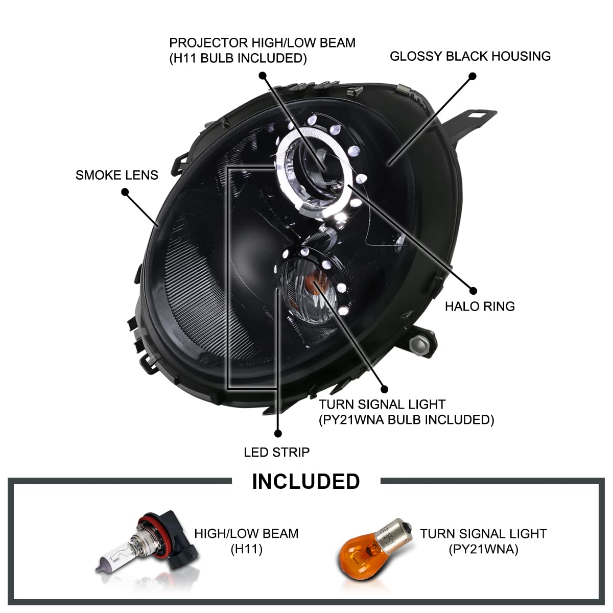 Glossy Black Smoke SPEC-D TUNING LED Halo Rim Projector Headlights Compatible with 2007-2013 R56 MINI Cooper Models, Left + Right Pair Headlamps Assembly