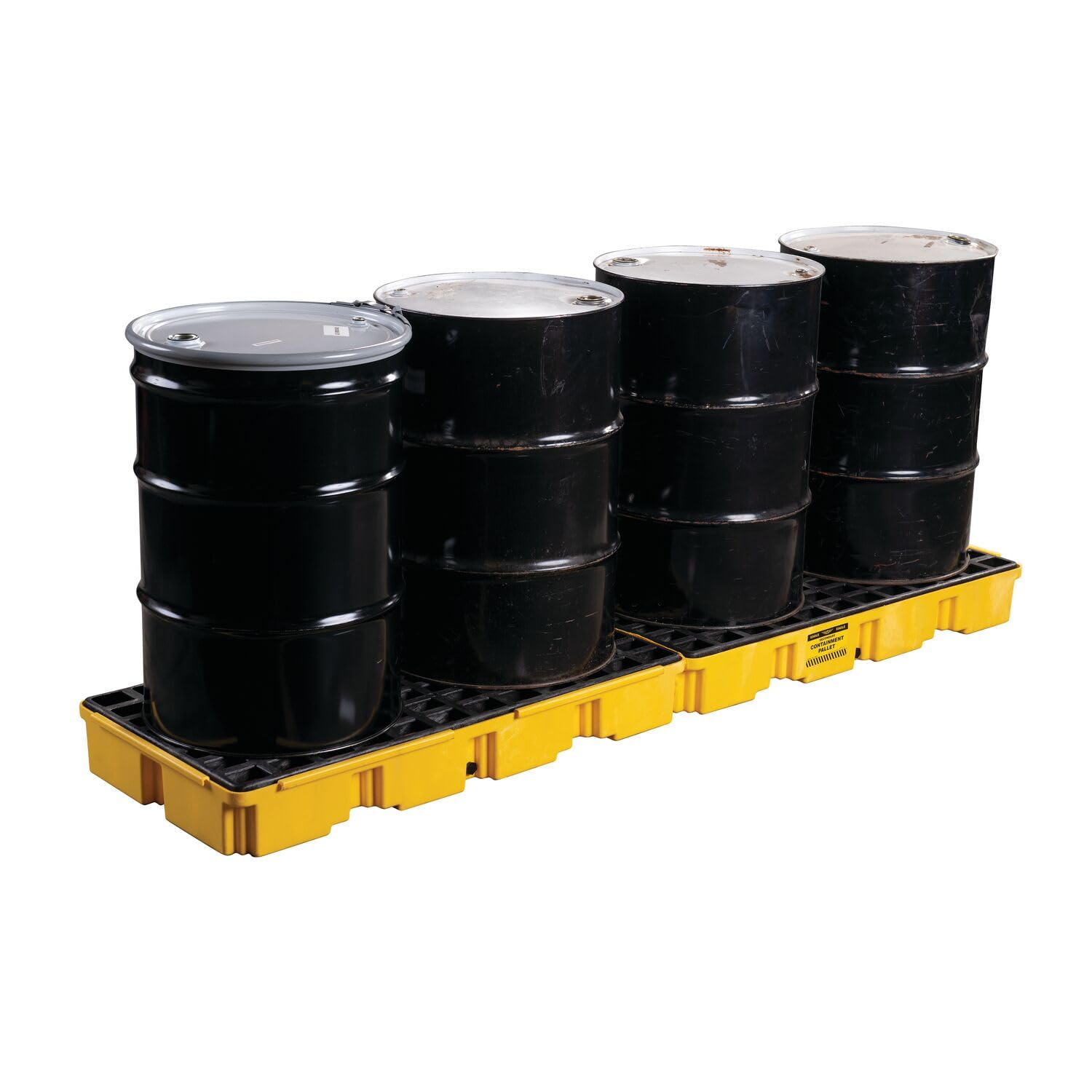 4 Drum Eagle Spill Platform with Drain and Forklift Pockets, 103.5"x26.5"x6.5", 60.5 Gallon Sump, 10,000 lbs. Load Capacity Containment Tray, Made in USA, Yellow, 1647D