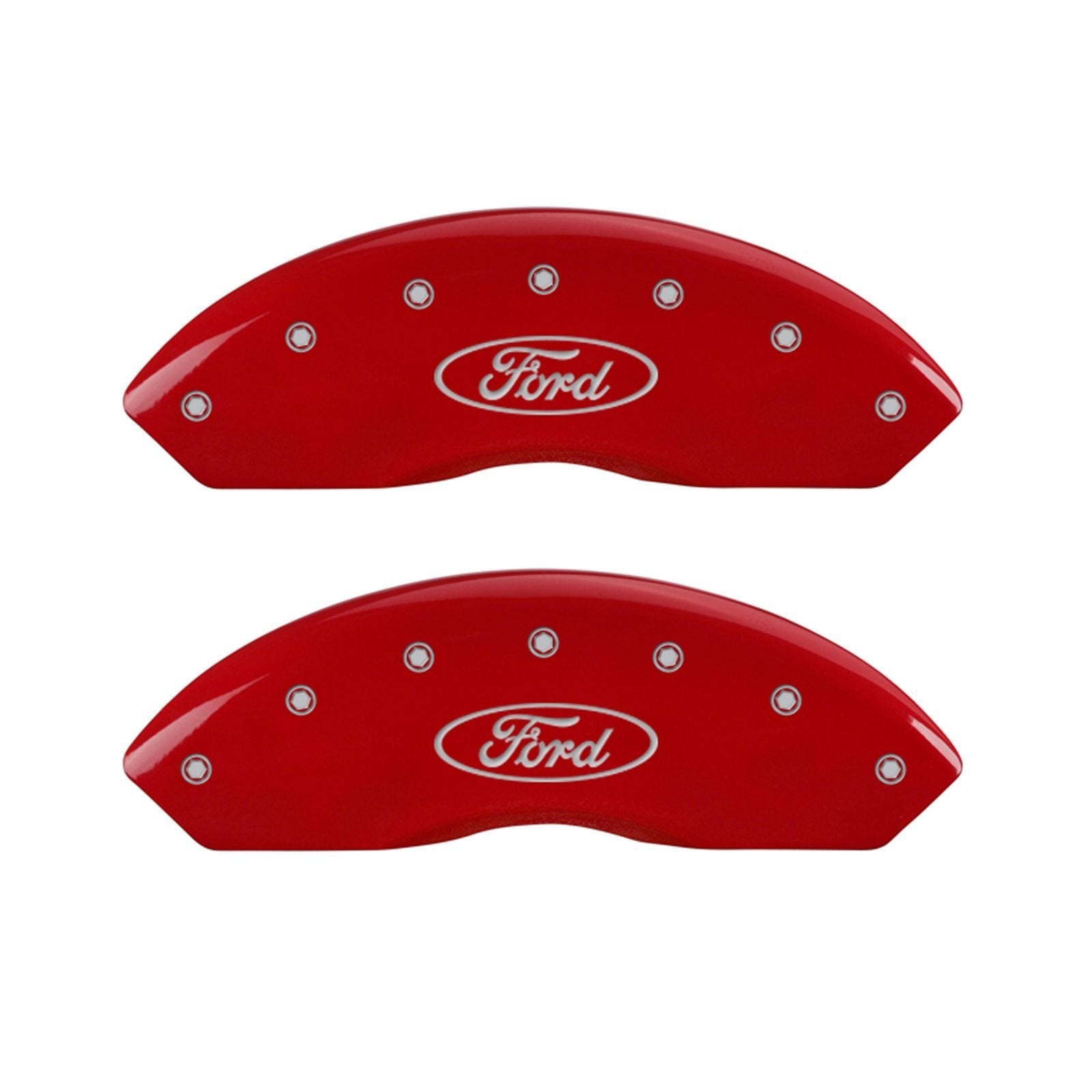Caliper Covers MGP 10240SFRDRD Red Powder Coat Finish Front and Rear Caliper Cover, Set of 4 (Oval logo/Ford Silver Characters, Engraved)