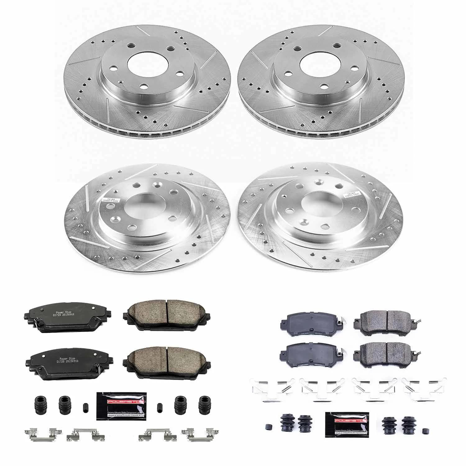 Power Stop K7608 Z23 Carbon Fiber Brake Pads Front and Rear with Drilled & Slotted Brake Rotors Kit For Mazda CX-3 2016-2018 [Model Specific]