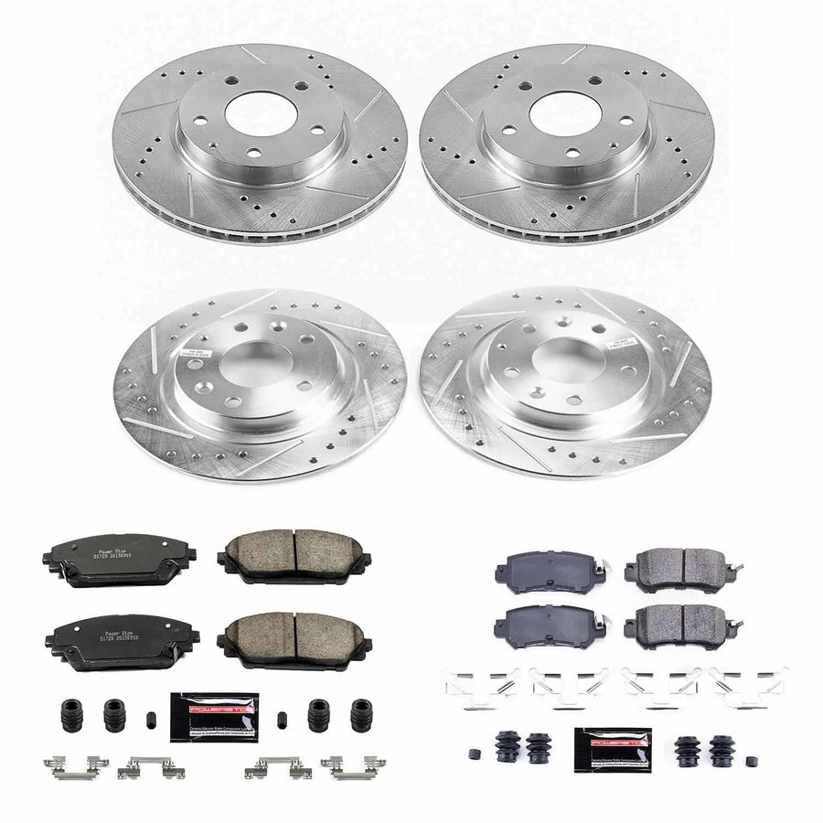 Power Stop K7608 Z23 Carbon Fiber Brake Pads Front and Rear with Drilled & Slotted Brake Rotors Kit For Mazda CX-3 2016-2018 [Model Specific]