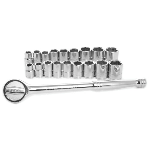 W38302 Performance Tool 17 Piece 1/2-Inch Drive SAE and Metric 6 Point Socket Set with Ratchet