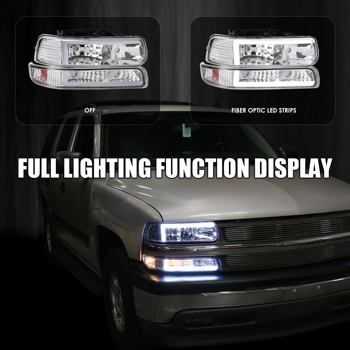 Chrome LED Bar Headlights + Bumper Lights SPEC-D TUNING Compatible with 1999-2002 Chevy Silverado 2000-2006 Tahoe Suburban, Left + Right Pair Headlamps Assembly
