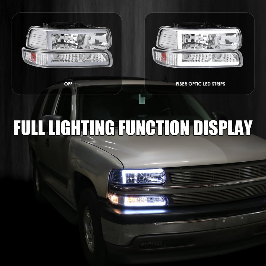 Chrome LED Bar Headlights + Bumper Lights SPEC-D TUNING Compatible with 1999-2002 Chevy Silverado 2000-2006 Tahoe Suburban, Left + Right Pair Headlamps Assembly
