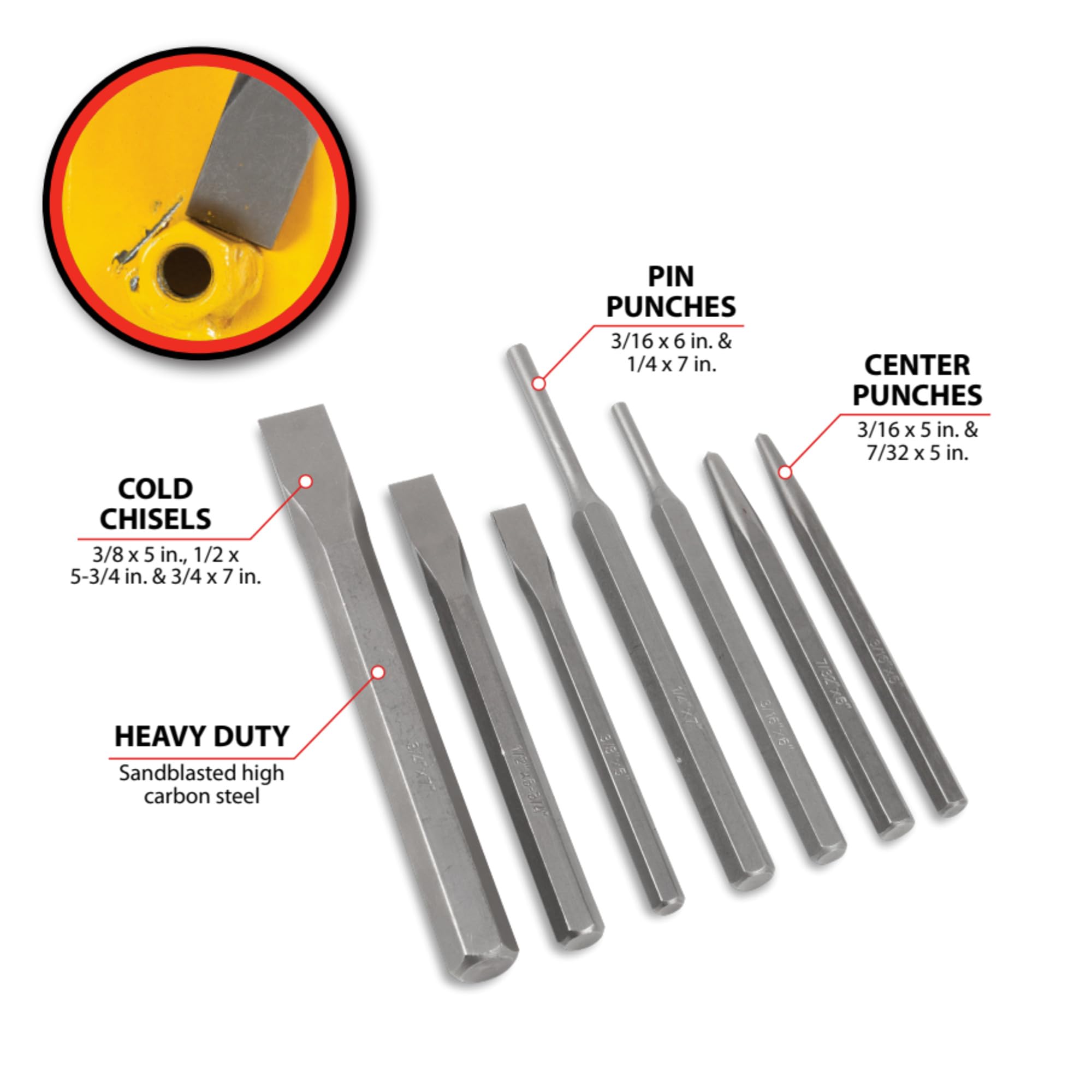 W760 Performance Tool 7-Piece Punch & Chisel Set, High Carbon Steel, Ideal for Metalwork