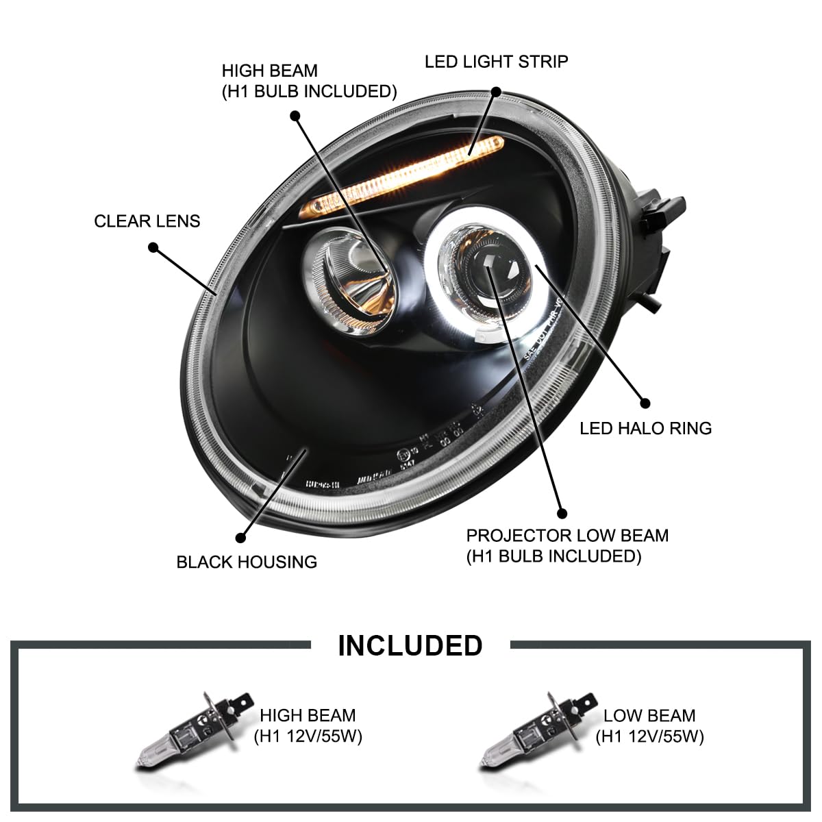 SPEC-D TUNING Projector Headlights Angeleyes Black Compatible with 1998-2005 Volkswagen Beetle With Factory Halogen Headlight, Left + Right Pair Headlamps Assembly