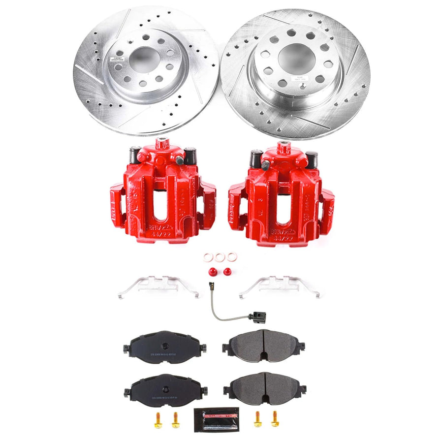 Power Stop K8364 Z23 Carbon Fiber Brake Pads Front and Rear with Drilled & Slotted Brake Rotors Kit and 1 Front Sensor Wire For VW GTI, VW Golf Alltrack, VW Passat [Model Specific]