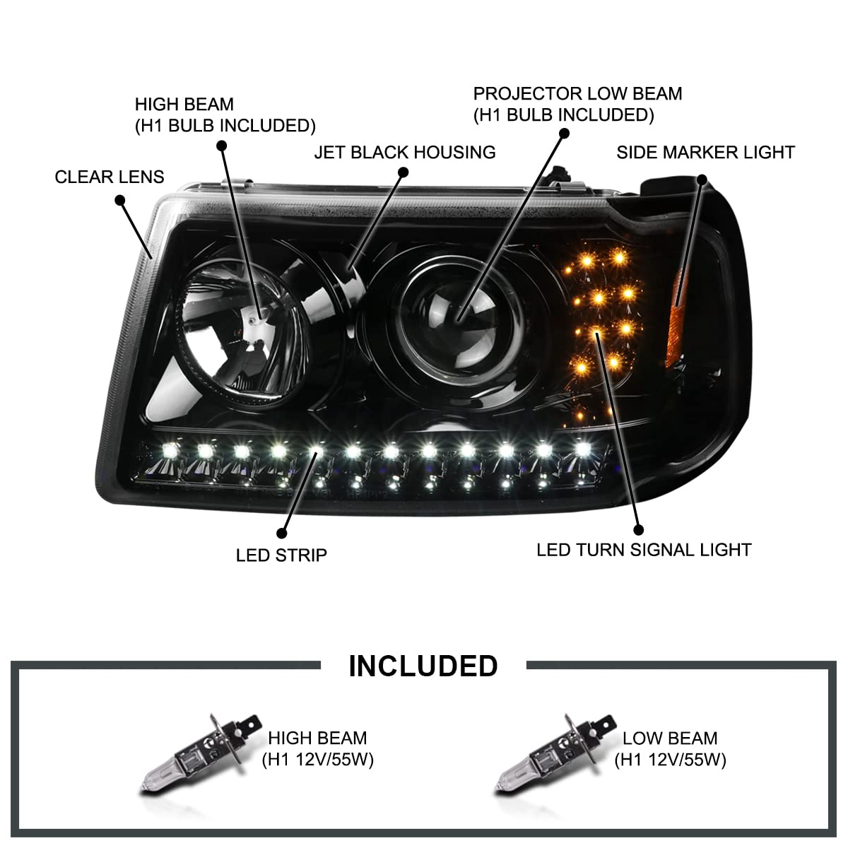 Jet Black SPEC-D TUNING Projector Headlights w/LED Strip and LED Turn Signal Compatible with 2001-2011 Ford Ranger, Left + Right Pair Headlamps Assembly