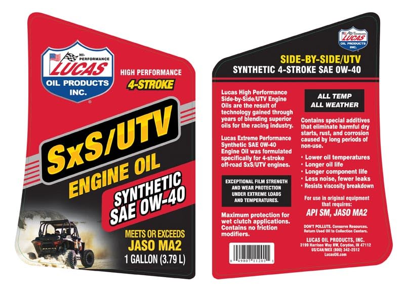Synthetic SAE 0W-40 Lucas Oil SXS Engine Oil 1 Gallon (Pack of 1)