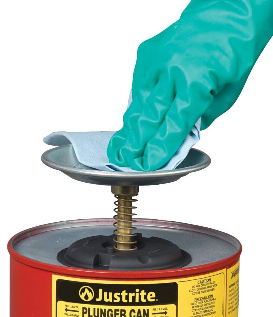 Justrite Solvent Plunger Can for, 1 Quart Capacity, 5.6" x 7.25" Steel Push-Down Dispenser Can, Made in the USA Industrial Mechanic Tools, Red, 10108