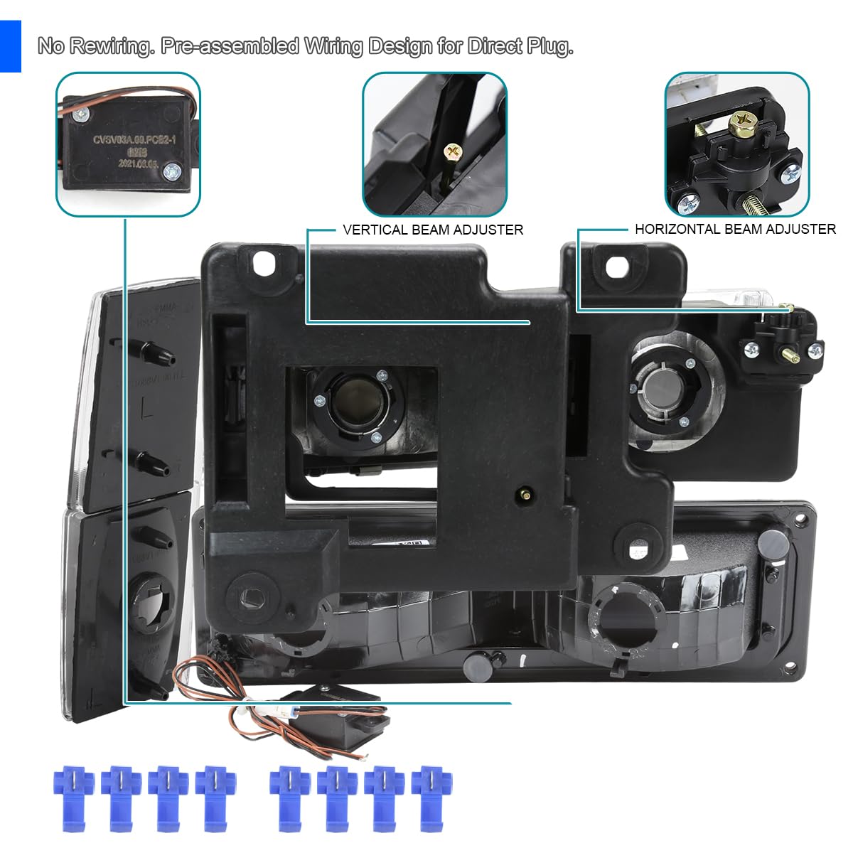 Black Headlights + Bumper Lights + Corner Lights w/LED Tube SPEC-D TUNING Compatible with 1994-1998 Chevy C10 C/K 1500/2500/3500, Left + Right Pair Headlamps Assembly